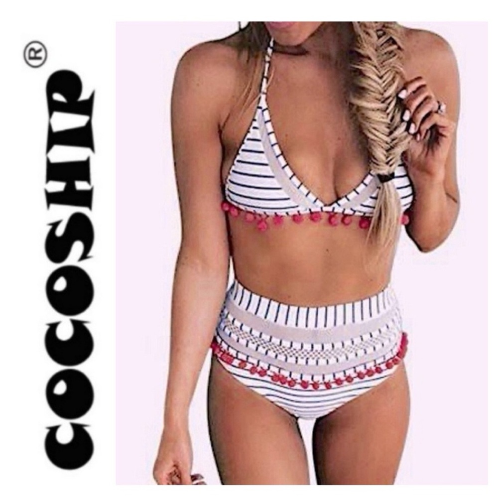 Cocoship Blue and White Bikini with Chic Stripes and Red Tassels Size Medium/6